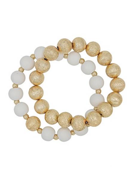 Gold Textured & White Bead Bracelet Set