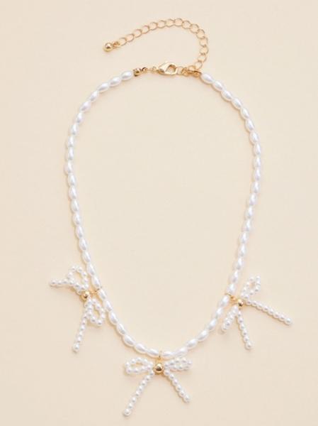 Pearl Beaded Bow Trio Necklace