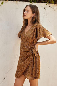 Copper Floral Wrap Dress