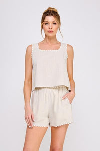 Bow Embroidered Scallop Top