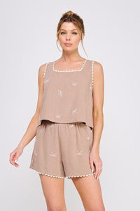 Bow Embroidered Scallop Top
