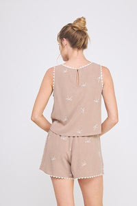Bow Embroidered Scallop Top