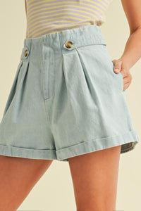 Pleated Denim Shorts