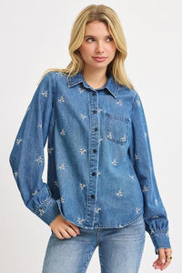 Leaf Embroidered Denim Shirt