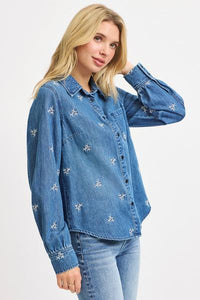 Leaf Embroidered Denim Shirt