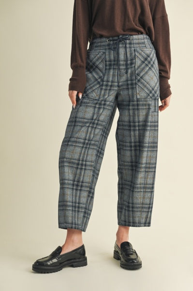 Drawstring Plaid Denim Pants