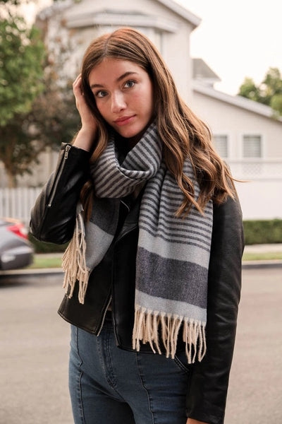 Blue Stripes Woven Tassel Scarf