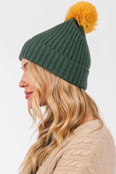 Green + Yellow Pom Beanie