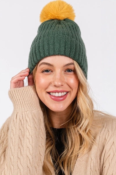 Green + Yellow Pom Beanie