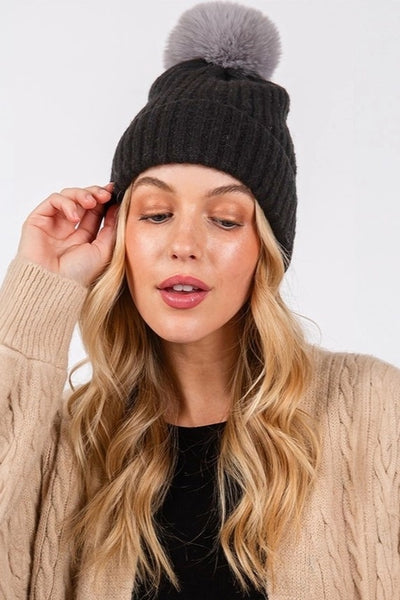 Black + Grey Pom Beanie