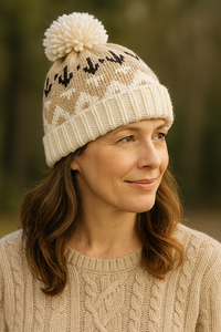 Taupe Tribal Print Pom Beanie