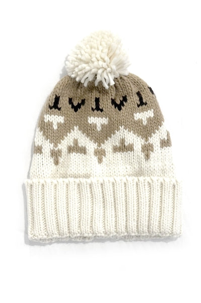 Taupe Tribal Print Pom Beanie