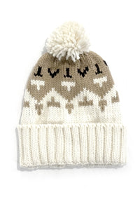 Taupe Tribal Print Pom Beanie