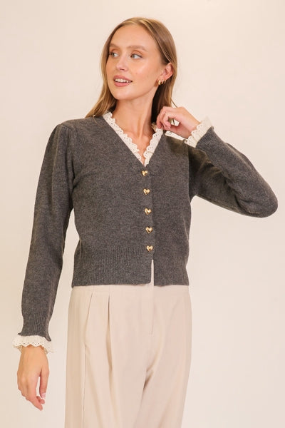 Eyelet Heart Button Cardigan
