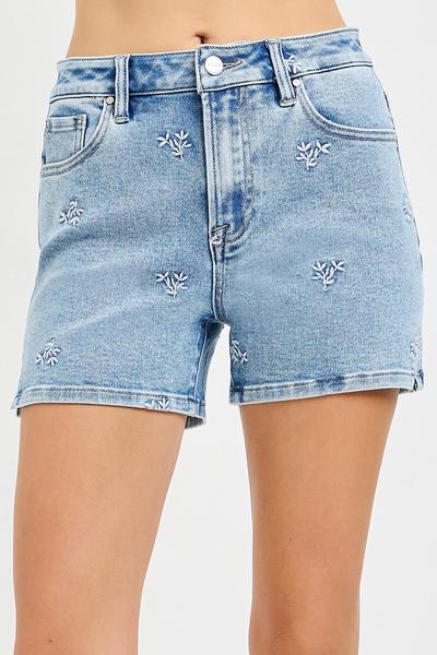 Embroidered High-Rise Denim Shorts