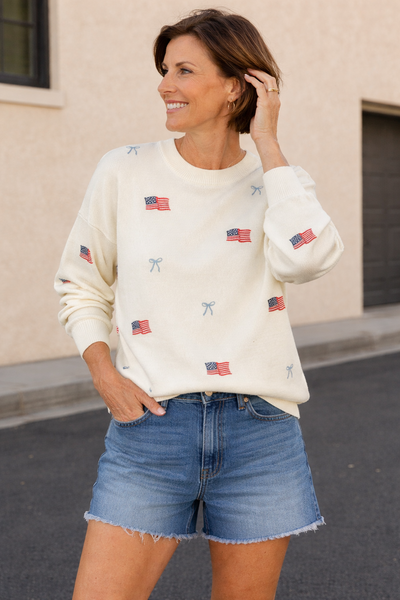 Cotton Blend Flag + Bow Sweater