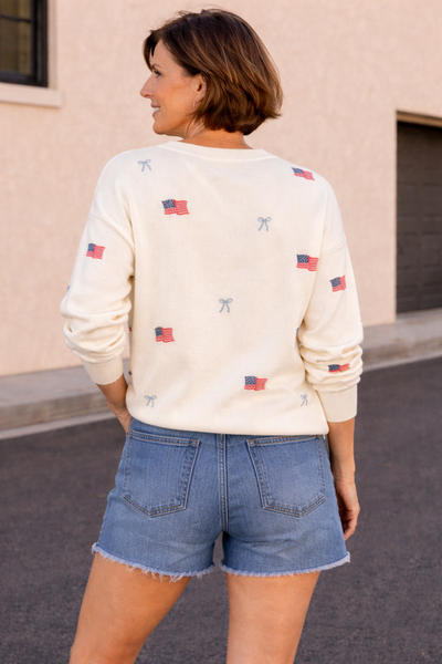 Cotton Blend Flag + Bow Sweater