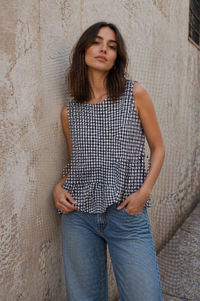 Gingham Peplum Tie Top