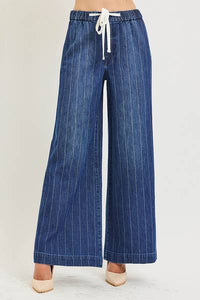 Pinstripe Wide Drawstring Denim