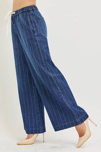 Pinstripe Wide Drawstring Denim