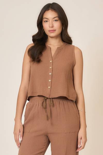 Cotton Gauze Button Top