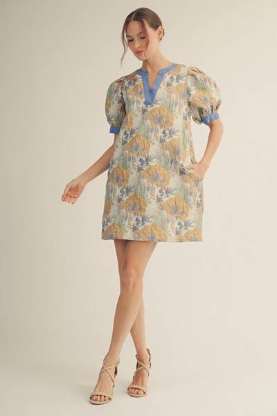 Floral Jacquard Puff Sleeve Dress