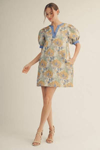 Floral Jacquard Puff Sleeve Dress