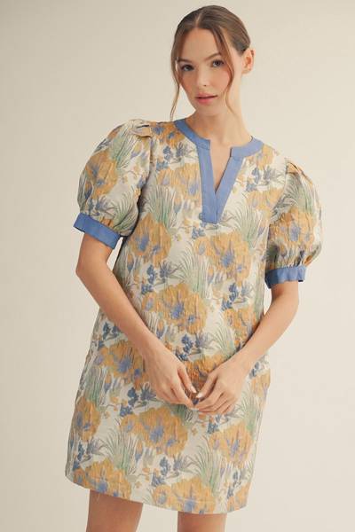 Floral Jacquard Puff Sleeve Dress