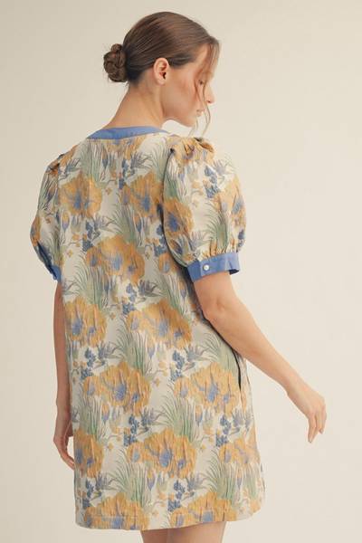 Floral Jacquard Puff Sleeve Dress