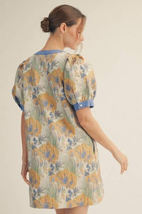 Floral Jacquard Puff Sleeve Dress