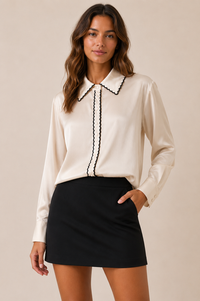 Scalloped Trim Satin Blouse