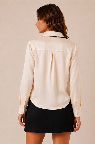 Scalloped Trim Satin Blouse