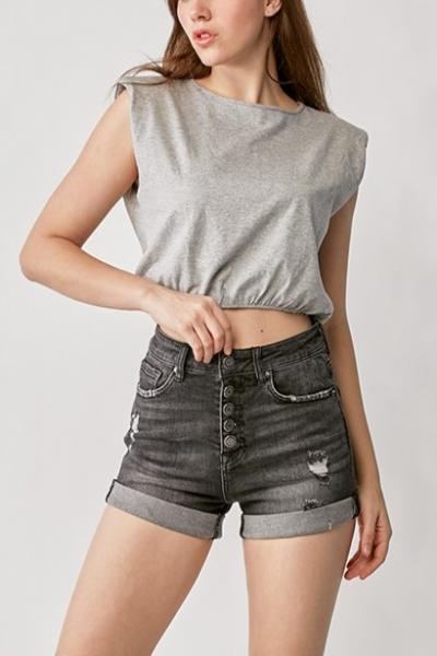 High Rise Button Fly Denim Shorts