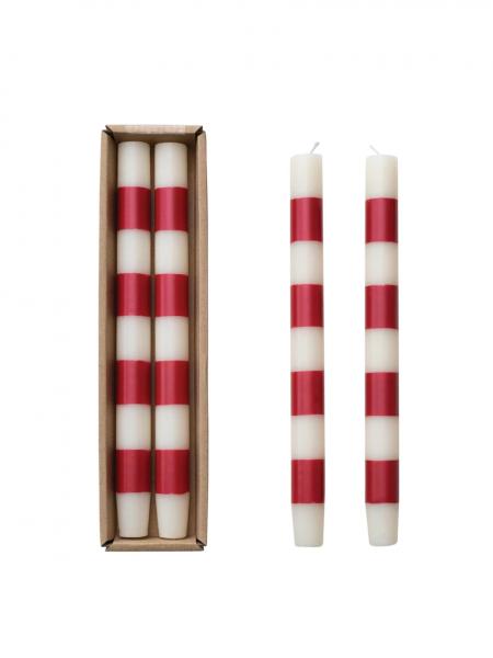 Set of 2 Red & White Striped Taper Candles