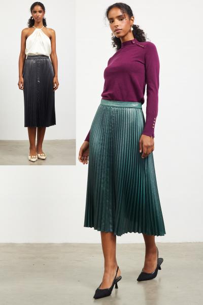 Metallic Pleated Midi Skirt