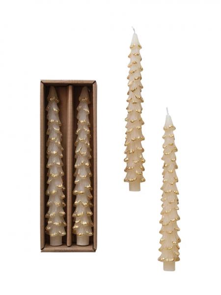 Set of 2 Cream & Gold Tree Taper Candles