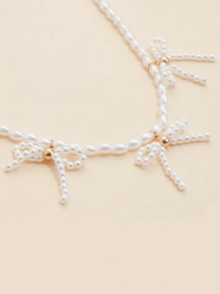 Pearl Beaded Bow Trio Necklace