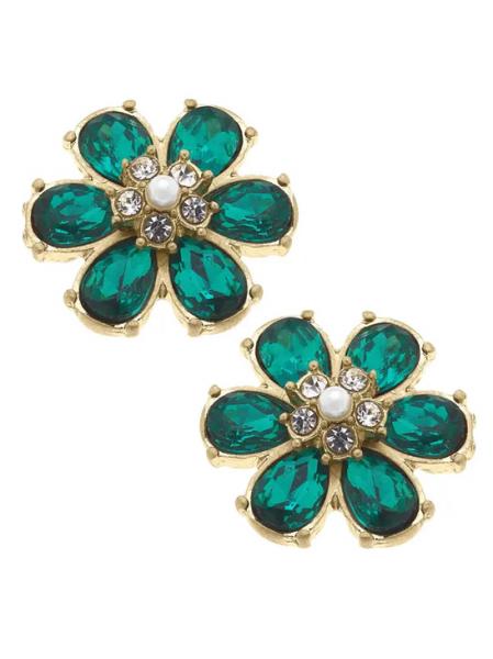 Emerald & Pearl Flower Stud Earrings