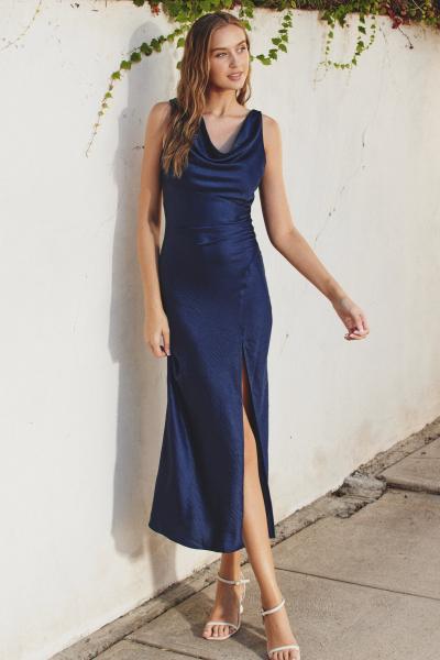 Cowl Neck Midnight Satin Dress