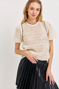 Scalloped Trim Sequin Puff Sleeve Top