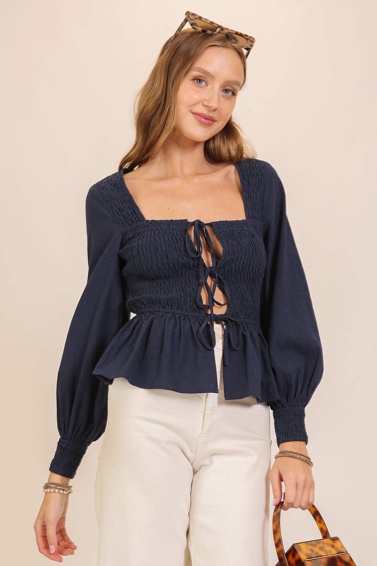 Tie Front Smocked Gingham Top