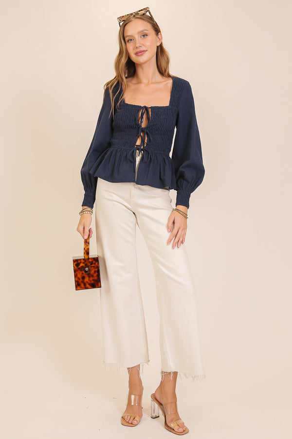 Tie Front Smocked Gingham Top