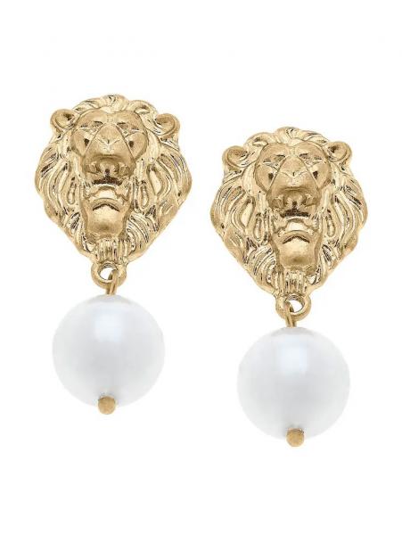 Lion Head & Pearl Drop Earrings